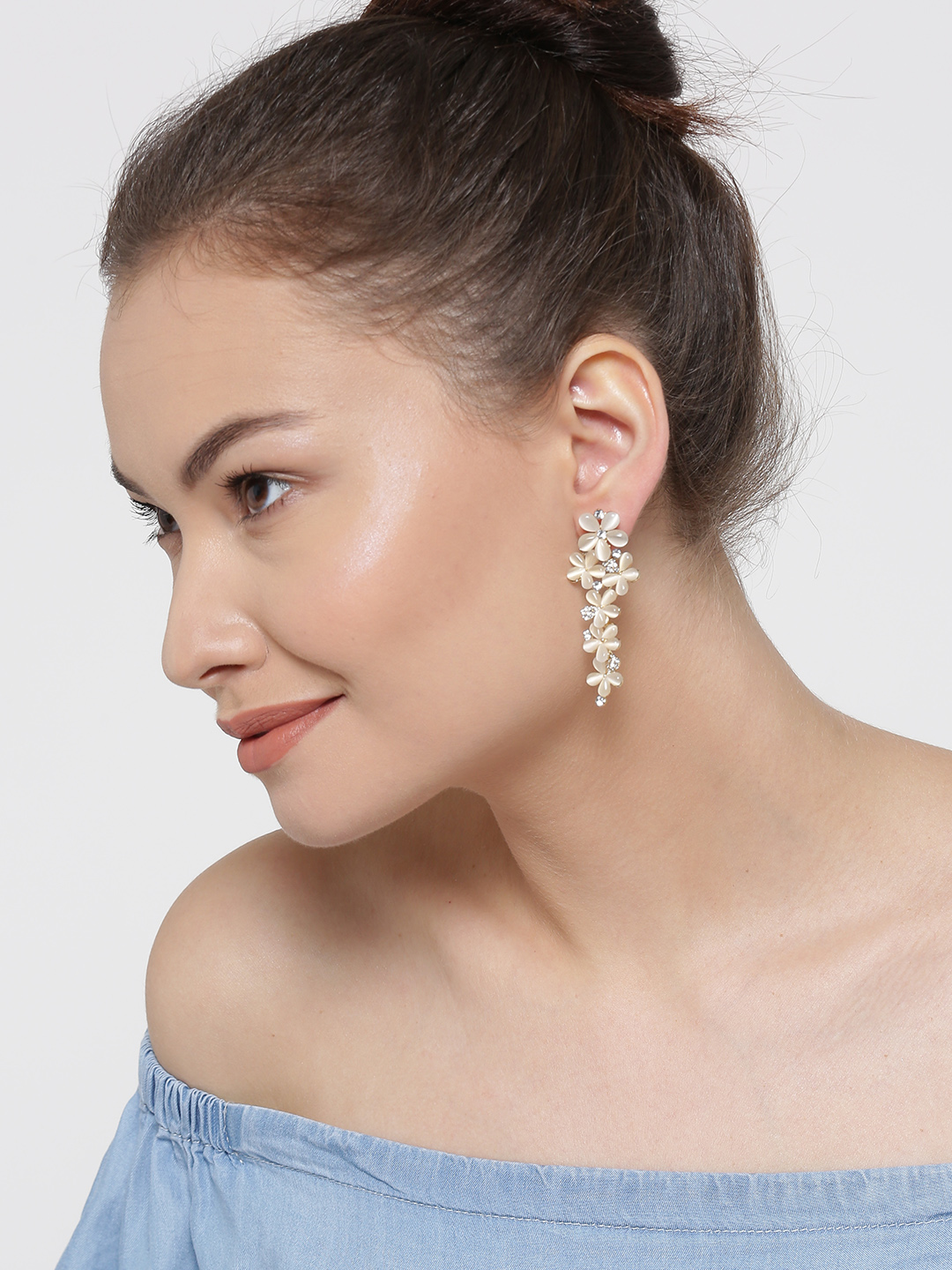 YouBella Off-White Gold-Plated Stone-Studded Floral Drop Earrings
